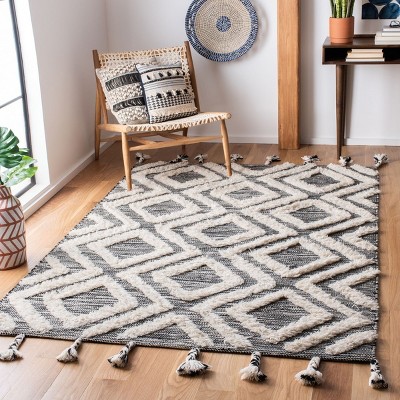 Ivory and Black Hand-Knotted Tribal Wool Square Area Rug, 4' x 6'