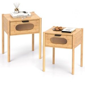Tangkula 2PCS Bamboo Nightstand Farmhouse Bedside Table w/ Tempered Glass Decorated Drawer - 1 of 4