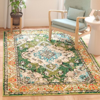Boho-Chic Forest Green and Light Blue Rectangular Rug