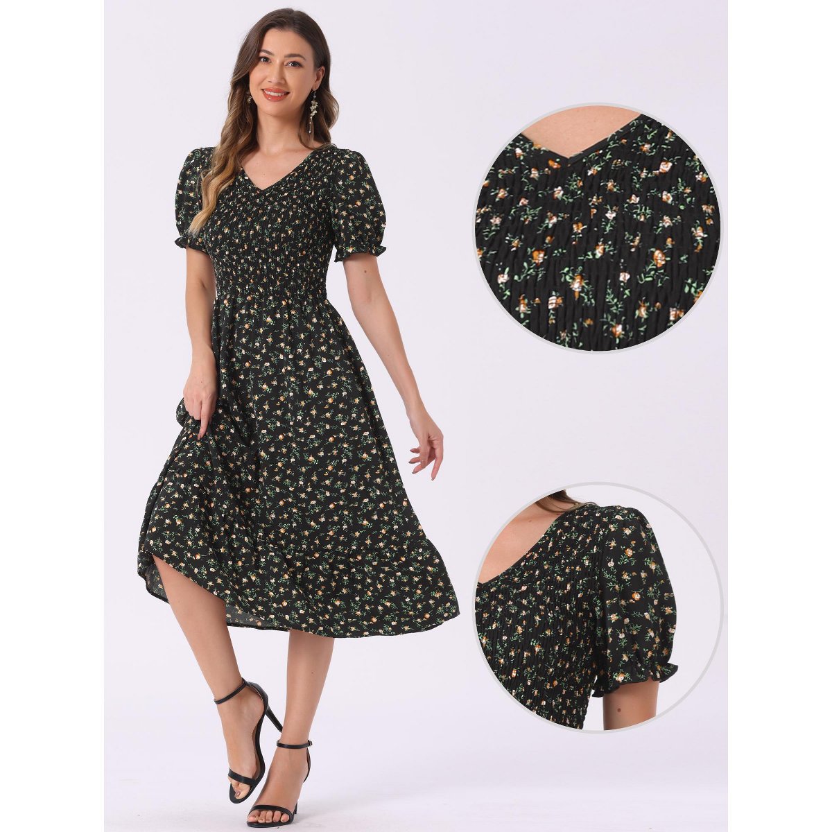 Женские платья INSPIRE CHIC Women's Floral Smocked Puff Short Sleeves V Neck Ruffled Hem Midi Dress Orange Black Medium — фото 2