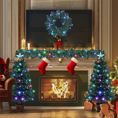 4 Pieces Artificial Christmas Tree, Christmas Garland, Wreath and Set of 2 Entrance Trees, Holiday Christmas Tree for Front Door Entryway Fireplace