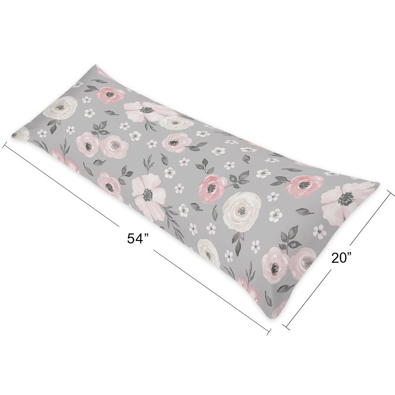 Sweet Jojo Designs Girl Body Pillow Cover (Pillow Not Included) 54in.x20in. Watercolor Floral Grey and Pink, 6 of 7