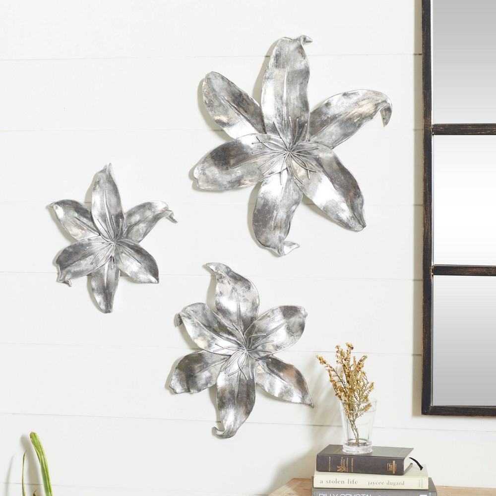 Photos - Wallpaper Set of 3 Polystone 3D Floral Wall Decors Silver - Olivia & May