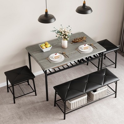 4-Piece Dining Set w/Bench - Kitchen Table w/Storage Shelves & PU Cushions, Metal/Wood Design for Small Spaces