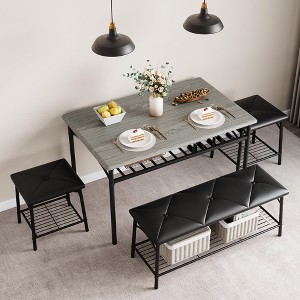 4-Piece Dining Set w/Bench - Kitchen Table w/Storage Shelves & PU Cushions, Metal/Wood Design for Small Spaces - 1 of 4