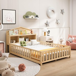 BABYYER Full Size Floor Bed with Bookcases and Blackboards, Solid Wood Platform Bed with Storage Headboards, Playhouse for Kids and Teens - 1 of 4