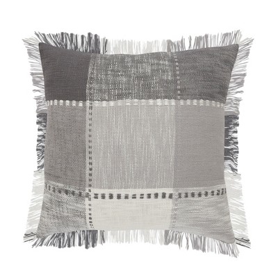 HomeRoots 20" Gray And White Cotton Plaid Throw Pillow with Fringe