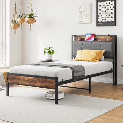 ALEXOUN Vintage Bed Frame with Upholstered Headboard,Metal Platform Bed Frame with Underbed Storage,No Box Spring Needed