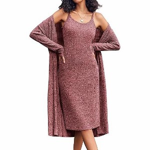 Ekouaer Womens Knit Robe Set 2 Piece Nightgown with Robes Long Sleeves Lounge Sets with Pockets - 1 of 4