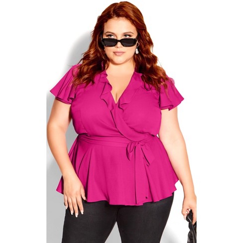 City Chic | Women's Plus Size Wrap Frills Top - Shocking Pink - 12 Plus