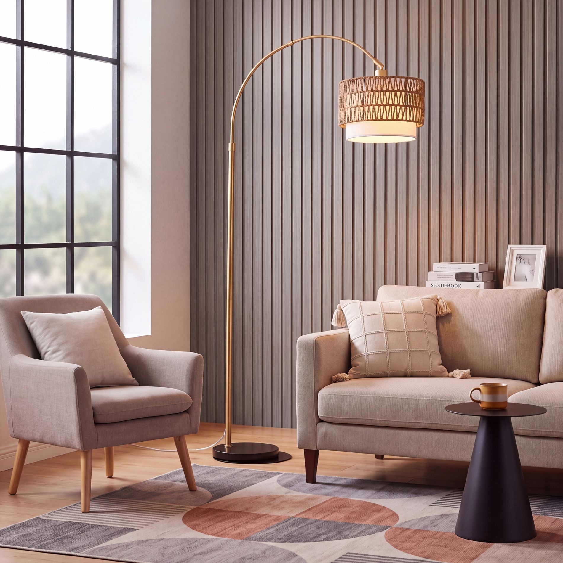 GDFStudio Cadley Modern Adjustable Arc Floor Lamp with Rattan and Fabric Dual Shades,Gold