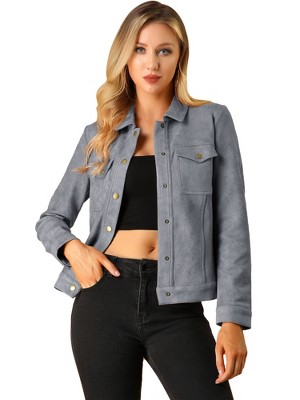 INSPIRE CHIC Women's Turn-Down Collar Flap Pockets Snap Button Faux Suede Jacket
