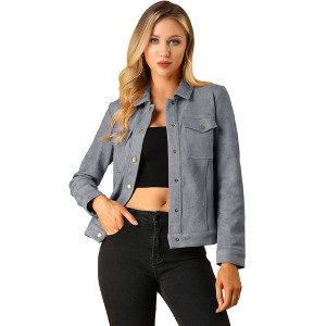 INSPIRE CHIC Women's Turn-Down Collar Flap Pockets Snap Button Faux Suede Jacket - 1 of 4
