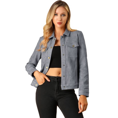 Allegra K Women's Stand Collar Zip Up Faux Suede Cropped Jacket : Target