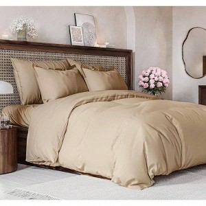 Extra Soft Queen Duvet Cover Set 90x90 with 2 Pillow Shams - Hotel Luxury, Easy Care, Fade Free, Zipper Ties - Cream - 1 of 4