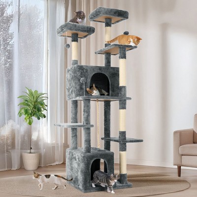 Modern Multicoloured Soft Plush Cat Tree Pet Tower with Comzy Top Perch, Fluffy Condo, Long Sisal Rope and Bottom Condo