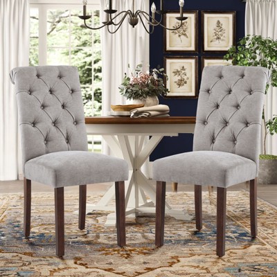 Set of 2 Tufted Upholstered Dining Chairs with High Back and Wood Legs, Fabric Parsons Side Chairs for Kitchen or Dining Room