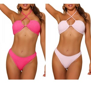 INSPIRE CHIC Women's Halter Bandeau Ribbed Strapless Lace Up Swimwear Bikini Combination Sets - 1 of 4