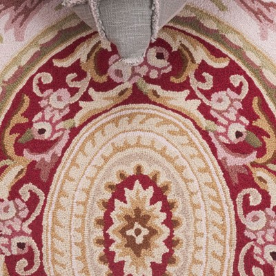 Elegant Ivory & Burgundy Hand-Knotted Wool Round Rug