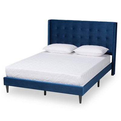 King Gothard Velvet Fabric Upholstered And Wood Platform Bed Navy