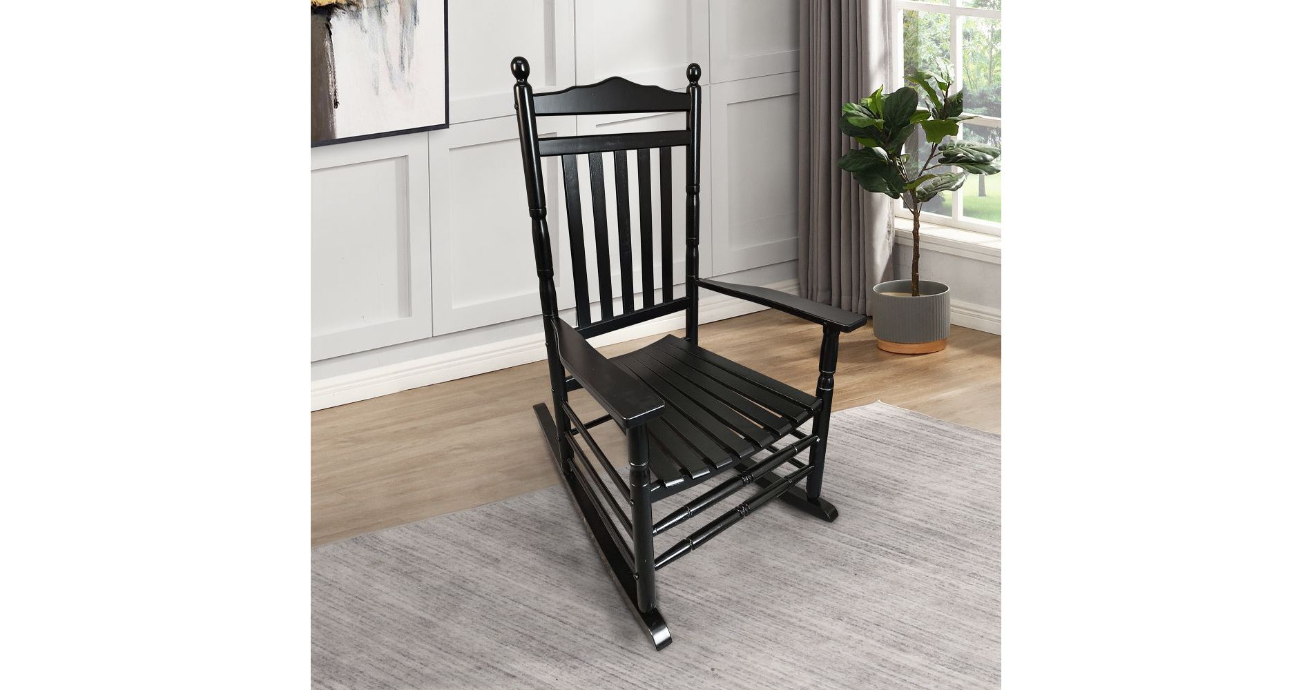 Aghana Digitals Solid Hardwood Adult Rocking Chair - Black, Wide Seat & Armrest, Sturdy Slatted Black 3.74x24.41x46.46 in
