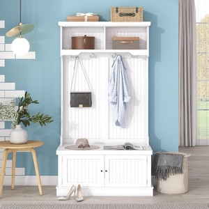 Furniture Hall Tree with Shoe Rack Bench and Coat Hooks for Hanging Storage, 4-in-1 Coat Racks, White - 1 of 4