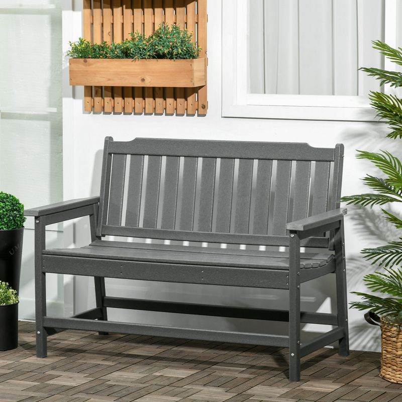 Outsunny Outdoor Bench, 2-Person Park Style Garden Bench with All-Weather HDPE, 704 lbs. Weight Capacity, Slatted Back & Armrests, Dark Gray, 3 of 8