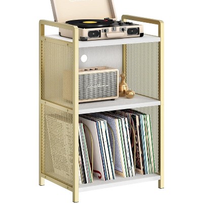Golden Record Player Stand, Metal Turntable Stand with 3-Tier Storage, Vinyl Bedside End Table for Living Room Bedroom Office