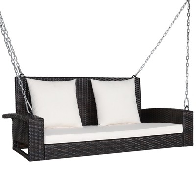 Tangkula Outdoor Wicker Porch Swing Bench 2-Person Patio Rattan Swing Chair W/ Soft Cushions White/Turquoise/Red/Black