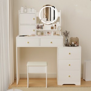 White Vanity Desk Set, With Slide Mirror & 3 Color LED Lights, Makeup Vanity Table With 5 Drawers, 2 Storage Cabinets, 1 Makeup Stool for Bedroom - 1 of 4
