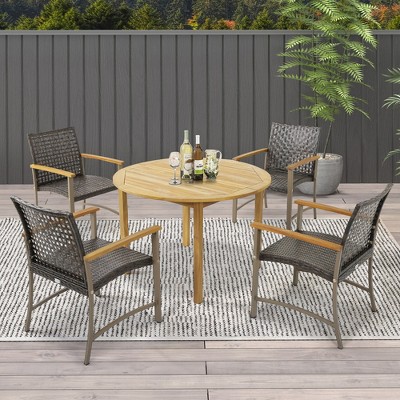Set of 4 Mix Brown Rattan and Acacia Wood Outdoor Dining Chairs