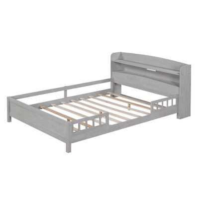 NicBex Full/Twin Size Platform Bed with Storage Headboard,Built-in LED Lights and Guardrail for Adults/Boys/Girls