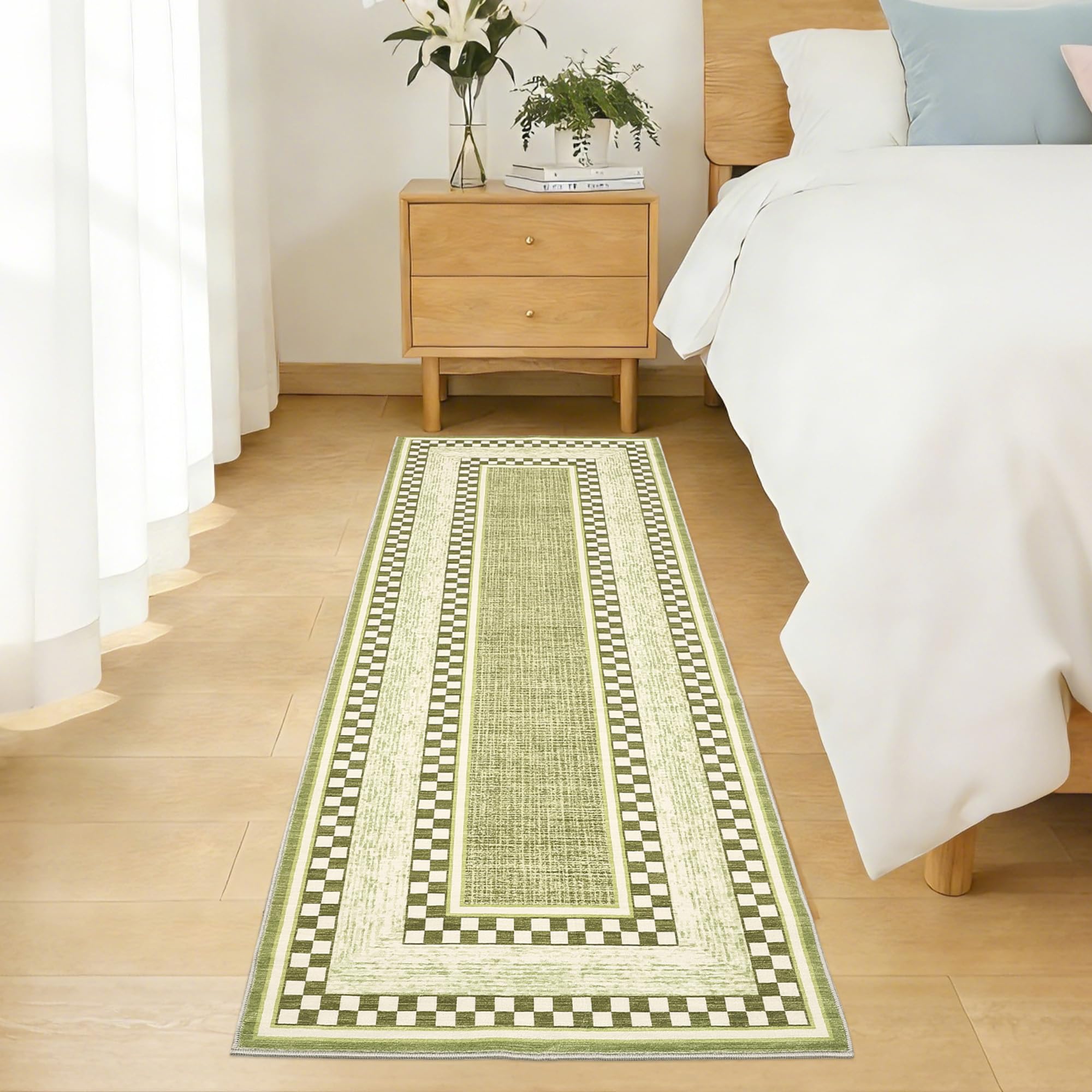 Checkered Pattern Area Rug 2x6ft, No Slip Washable Rug, Modern Low-Pile Design Rug for Living Room Bedroom Dining Room, Green
