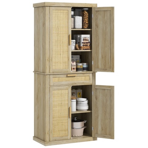 HOMCOM 72" Tall Kitchen Pantry Storage Cabinet, Rattan Freestanding Kitchen Cabinet with 4 Doors, Drawer, 5-Tier Shelf and Adjustable Shelves, Oak - image 1 of 4