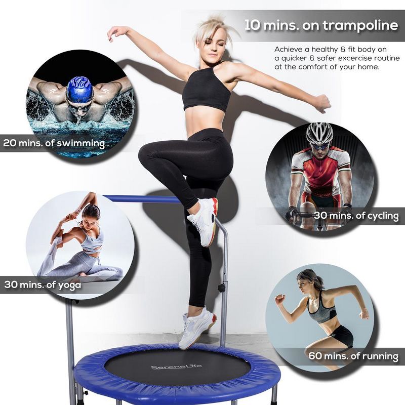 SereneLife 40 Inch Portable Highly Elastic Fitness Jumping Sports Mini Trampoline with Adjustable Handrail, Padded Cushion, and Travel Bag, Adult Size, 5 of 7
