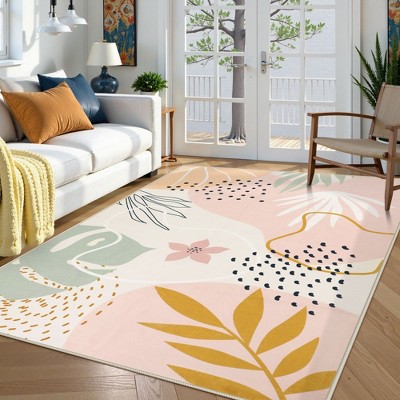 Lahome Machine Washable Area Rugs Non-Slip Large Living Room Rug Boho Botanical Print Ultra-Thin Indoor Rug for Classroom Nursery Dining Room
