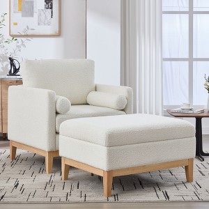 35.4" Boucle Upholstered Square Accent Arm Chair with Ottoman, Wood Base and Natural Rubberwood Legs with Reversible Lid Coffee Table - 1 of 4