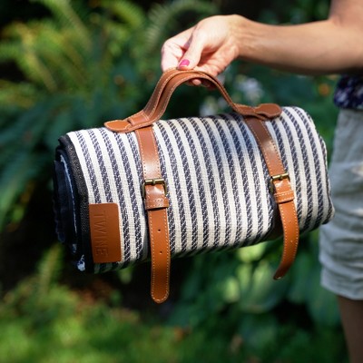 Navy and White Striped Waterproof Picnic Blanket with Leather Straps