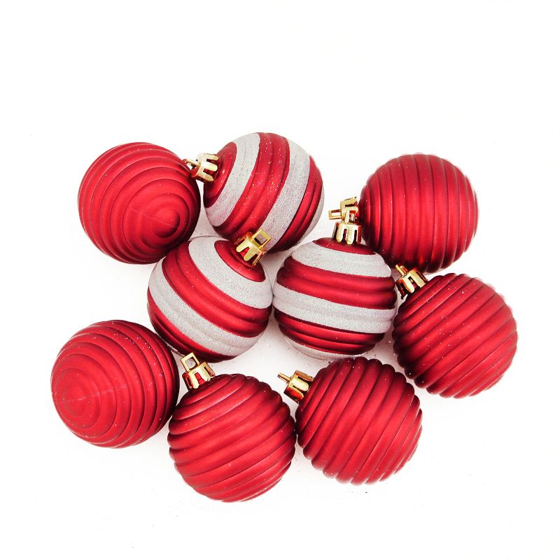 Northlight 9ct Matte Glitter Striped Shatterproof Christmas Ball Ornament Set 2" - Red/White, 1 of 3