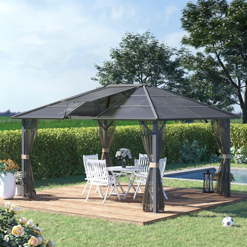 Outsunny Hardtop Polycarbonate Gazebo Canopy Aluminum Frame Pergola with Top Vent and Netting for Garden, Patio, Grey, 2 of 7