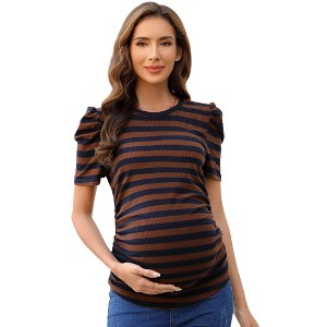 Clearlove Maternity Casual Shirts Women's Puff Short Sleeve T-Shirt Pregnancy Striped Ruched Side Tunic Top - 1 of 4