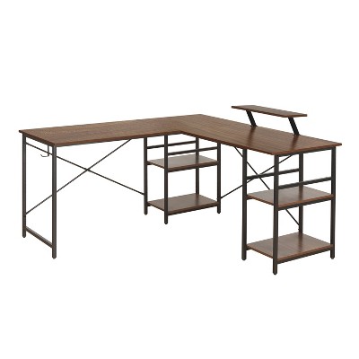 NicBex 59 Inch L Shaped Computer Desk Home Office Desk with Shelves for Study Room,Bedroom and Office,Brown