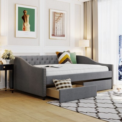 Full Size Upholstered daybed with Two Drawers, Wood Slat Support - Leovsnove