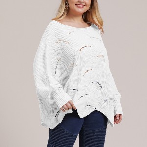 Plus Size Sweater for Women Pointelle Knit Pullover Sweater Long Sleeve Off Shoulder Sweater Round Neck Loose Fit Oversized Tops for Winter - 1 of 4