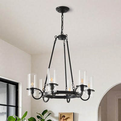 PAKOKULA 24.8 in. 6-Light Black Industrial Wagon Wheel Chandelier with Clear Glass Shades, Farmhouse Modern Fixture for Kitchen Island