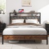 Gulches Queen Size Bed Frame With Headboard Brown Wooden Platform Upholstered Soft Side Vintage Shelf Large Under Bed Storage Noise Free No Box Spring - 2 of 4
