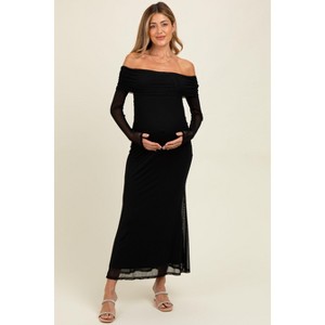 Pinkblush Black Mesh Overlay Off Shoulder Long Sleeve Maternity Midi Dress - 1 of 4