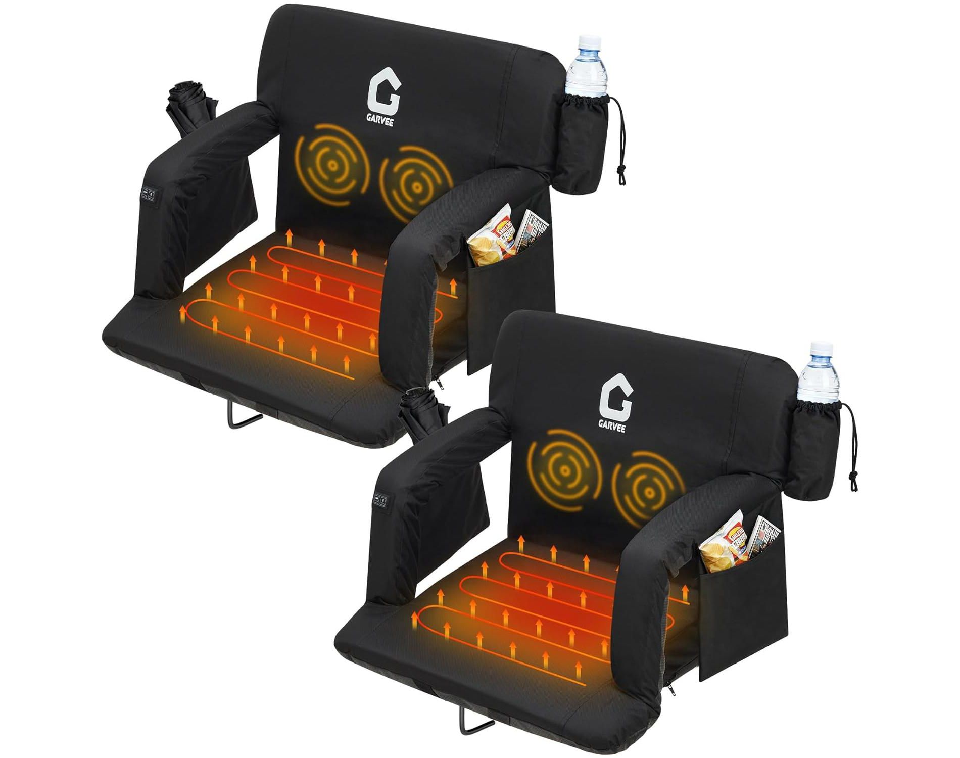 2pcs Dual-Sided Heated Stadium Seats - Portable Bleacher Chair with Back Support, 3 Heat Settings, and 5 Pockets for Outdoor Sports & Events