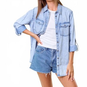 Women's Chambray Button Down Shirt With Roll Up Sleeve - Doe and Rae - 1 of 4