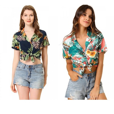 Allegra K Women's Hawaiian Floral Leaves Printed Short Sleeve Button Down Vintage Shirt 2 Pcs